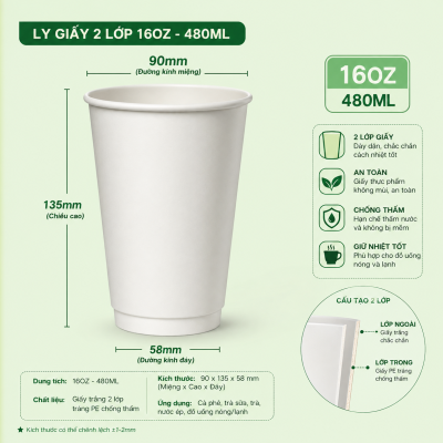 Ly Giấy Trắng 2 Lớp 16oz-480ml (Dùng Nóng/Lạnh)